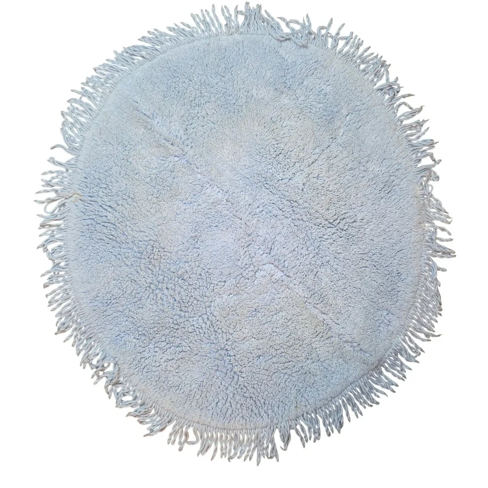 Vtg Light Blue Round Shag Bath Rug Fringed Tassel Retro MCM 24 Inch Small Rug
